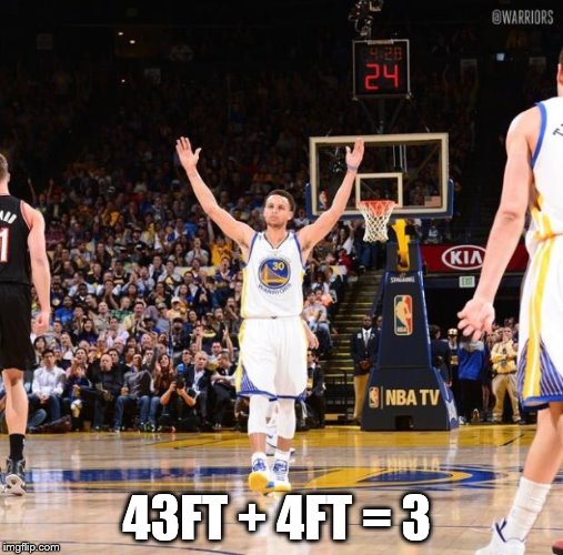 Steph curry | 43FT + 4FT = 3 | image tagged in steph curry | made w/ Imgflip meme maker