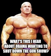 Gun Show | WHAT'S THIS I HEAR ABOUT OBAMA WANTING TO SHUT DOWN THE GUN SHOW? | image tagged in muscles | made w/ Imgflip meme maker
