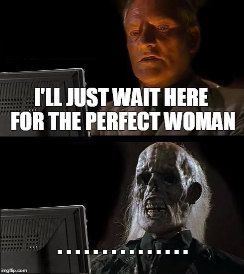 I'll Just Wait Here | I'LL JUST WAIT HERE FOR THE PERFECT WOMAN; . . . . . . . . . . . . . . . | image tagged in memes,ill just wait here | made w/ Imgflip meme maker