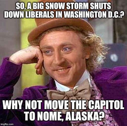 Governing least governs best | SO, A BIG SNOW STORM SHUTS DOWN LIBERALS IN WASHINGTON D.C.? WHY NOT MOVE THE CAPITOL TO NOME, ALASKA? | image tagged in memes,creepy condescending wonka,blizzard,washinton dc,capitol,liberals | made w/ Imgflip meme maker