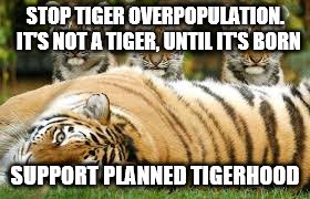 planned tigerhood | STOP TIGER OVERPOPULATION. 
IT'S NOT A TIGER, UNTIL IT'S BORN; SUPPORT PLANNED TIGERHOOD | image tagged in tiger | made w/ Imgflip meme maker