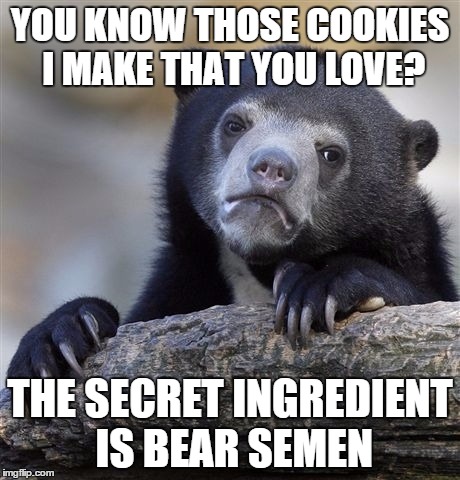 Confession Bear Meme | YOU KNOW THOSE COOKIES I MAKE THAT YOU LOVE? THE SECRET INGREDIENT IS BEAR SEMEN | image tagged in memes,confession bear | made w/ Imgflip meme maker