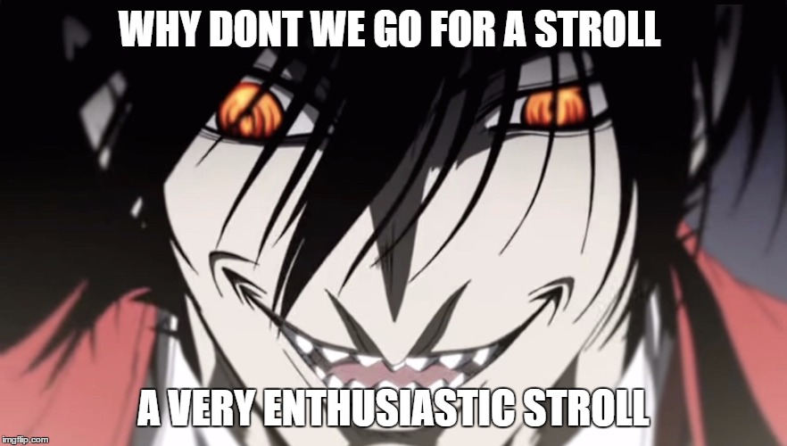 Alucard | WHY DONT WE GO FOR A STROLL; A VERY ENTHUSIASTIC STROLL | image tagged in alucard | made w/ Imgflip meme maker