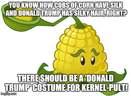 So is my idea corny or what? | YOU KNOW HOW COBS OF CORN HAVE SILK AND DONALD TRUMP HAS SILKY HAIR, RIGHT? THERE SHOULD BE A 'DONALD TRUMP' COSTUME FOR KERNEL-PULT! | image tagged in pvz2plantcostumes,kernel-pult,corn silk,silky hair,sat-hair-ical | made w/ Imgflip meme maker