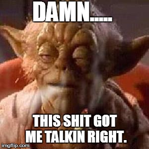Yoda stoned | DAMN..... THIS SHIT GOT ME TALKIN RIGHT. | image tagged in yoda stoned | made w/ Imgflip meme maker