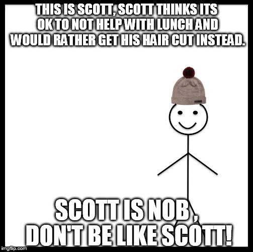 Be Like Bill Meme | THIS IS SCOTT,
SCOTT THINKS ITS OK TO NOT HELP WITH LUNCH AND WOULD RATHER GET HIS HAIR CUT INSTEAD. SCOTT IS NOB , DON'T BE LIKE SCOTT! | image tagged in be like bill template | made w/ Imgflip meme maker