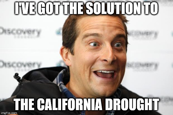 genius grylls | I'VE GOT THE SOLUTION TO; THE CALIFORNIA DROUGHT | image tagged in bear grylls | made w/ Imgflip meme maker