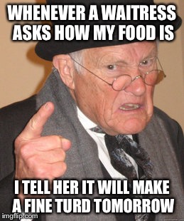 Back In My Day | WHENEVER A WAITRESS ASKS HOW MY FOOD IS; I TELL HER IT WILL MAKE A FINE TURD TOMORROW | image tagged in memes,back in my day | made w/ Imgflip meme maker