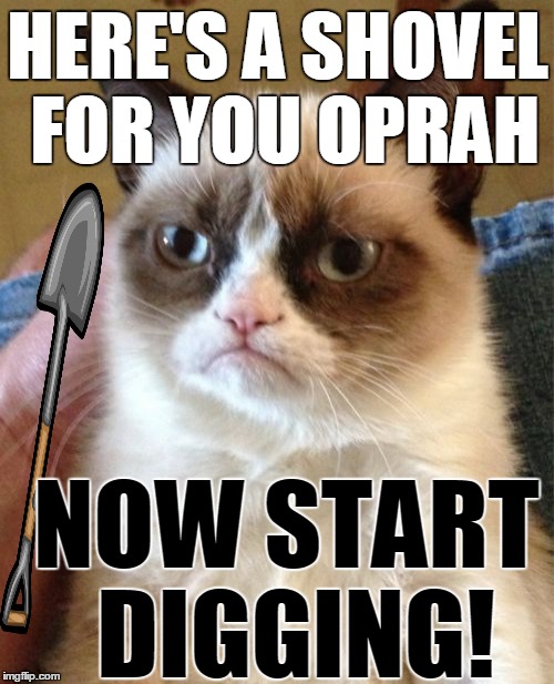 Grumpy Cat Meme | HERE'S A SHOVEL FOR YOU OPRAH NOW START DIGGING! | image tagged in memes,grumpy cat | made w/ Imgflip meme maker