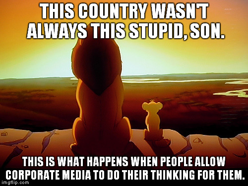 Lion King Meme | THIS COUNTRY WASN'T ALWAYS THIS STUPID, SON. THIS IS WHAT HAPPENS WHEN PEOPLE ALLOW CORPORATE MEDIA TO DO THEIR THINKING FOR THEM. | image tagged in memes,lion king | made w/ Imgflip meme maker