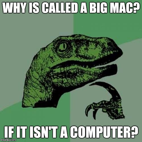 Philosoraptor Big Mac | WHY IS CALLED A BIG MAC? IF IT ISN'T A COMPUTER? | image tagged in memes,philosoraptor,mcdonalds,big mac,burger,computer | made w/ Imgflip meme maker