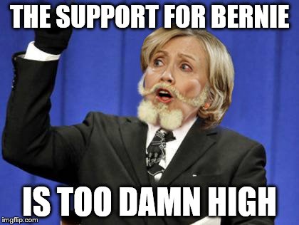 An old socialist is about equal to a old woman under FBI investigation | THE SUPPORT FOR BERNIE; IS TOO DAMN HIGH | image tagged in hillary too darn high,memes,too damn high | made w/ Imgflip meme maker