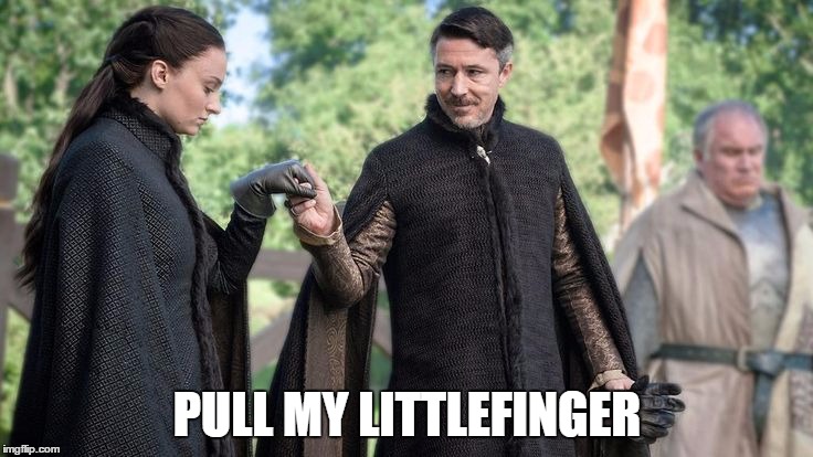 Littlefinger and Sansa | PULL MY LITTLEFINGER | image tagged in littlefinger and sansa | made w/ Imgflip meme maker