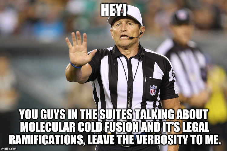 Ed Hochuli Fallacy Referee | HEY! YOU GUYS IN THE SUITES TALKING ABOUT MOLECULAR COLD FUSION AND IT'S LEGAL RAMIFICATIONS, LEAVE THE VERBOSITY TO ME. | image tagged in ed hochuli fallacy referee | made w/ Imgflip meme maker