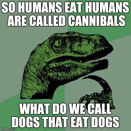 Philosoraptor Meme | SO HUMANS EAT HUMANS ARE CALLED CANNIBALS; WHAT DO WE CALL DOGS THAT EAT DOGS | image tagged in memes,philosoraptor | made w/ Imgflip meme maker