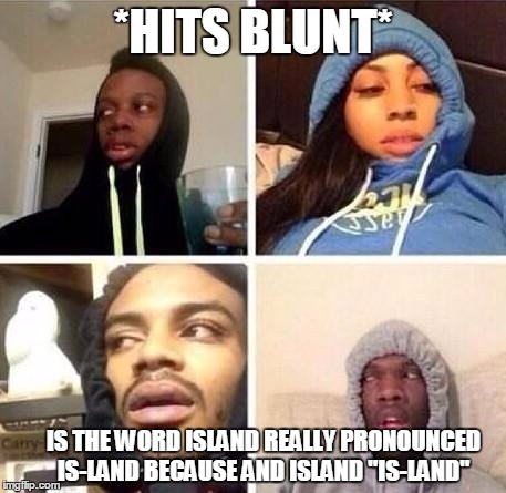 *Hits blunt | *HITS BLUNT*; IS THE WORD ISLAND REALLY PRONOUNCED IS-LAND BECAUSE AND ISLAND ''IS-LAND'' | image tagged in hits blunt | made w/ Imgflip meme maker