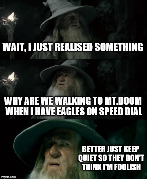 SO MANY PROBLEMS COULD'VE BEEN AVOIDED | WAIT, I JUST REALISED SOMETHING; WHY ARE WE WALKING TO MT.DOOM WHEN I HAVE EAGLES ON SPEED DIAL; BETTER JUST KEEP QUIET SO THEY DON'T THINK I'M FOOLISH | image tagged in memes,confused gandalf | made w/ Imgflip meme maker