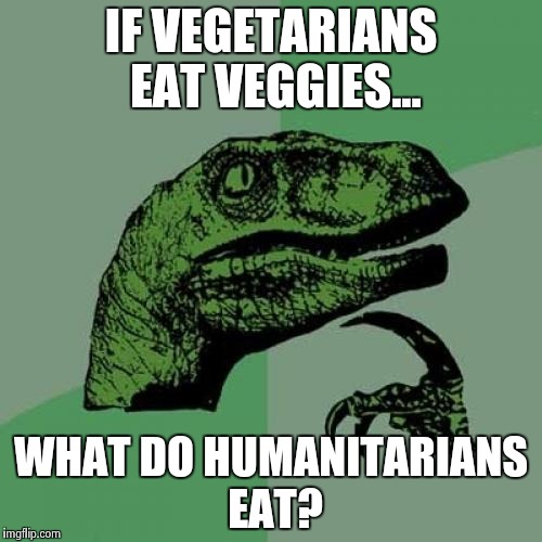 Philosoraptor | IF VEGETARIANS EAT VEGGIES... WHAT DO HUMANITARIANS EAT? | image tagged in memes,philosoraptor | made w/ Imgflip meme maker
