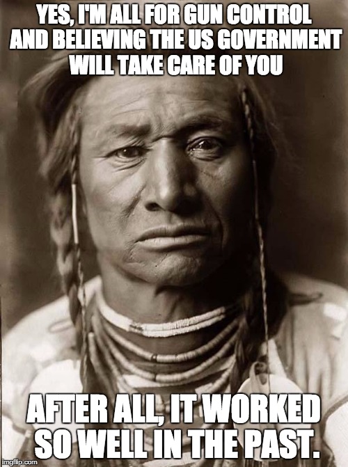Indian | YES, I'M ALL FOR GUN CONTROL AND BELIEVING THE US GOVERNMENT WILL TAKE CARE OF YOU; AFTER ALL, IT WORKED SO WELL IN THE PAST. | image tagged in indian | made w/ Imgflip meme maker