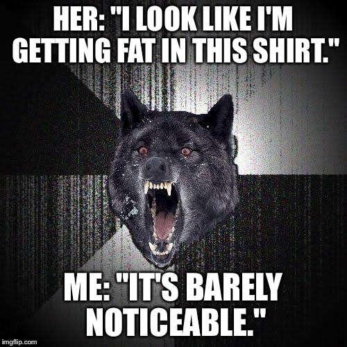 Insanity Wolf | HER: "I LOOK LIKE I'M GETTING FAT IN THIS SHIRT."; ME: "IT'S BARELY NOTICEABLE." | image tagged in memes,insanity wolf,AdviceAnimals | made w/ Imgflip meme maker