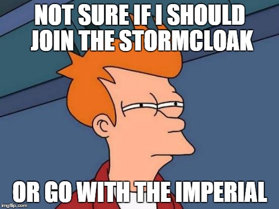 Futurama Fry | NOT SURE IF I SHOULD JOIN THE STORMCLOAK; OR GO WITH THE IMPERIAL | image tagged in memes,futurama fry | made w/ Imgflip meme maker