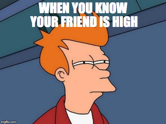 Futurama Fry | WHEN YOU KNOW YOUR FRIEND IS HIGH | image tagged in memes,futurama fry | made w/ Imgflip meme maker