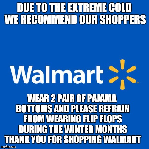 Walmart Life | DUE TO THE EXTREME COLD WE RECOMMEND OUR SHOPPERS; WEAR 2 PAIR OF PAJAMA BOTTOMS AND PLEASE REFRAIN FROM WEARING FLIP FLOPS DURING THE WINTER MONTHS THANK YOU FOR SHOPPING WALMART | image tagged in walmart life | made w/ Imgflip meme maker