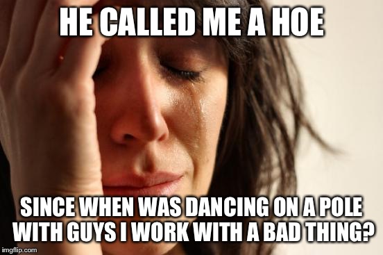 First World Problems | HE CALLED ME A HOE; SINCE WHEN WAS DANCING ON A POLE WITH GUYS I WORK WITH A BAD THING? | image tagged in memes,first world problems | made w/ Imgflip meme maker