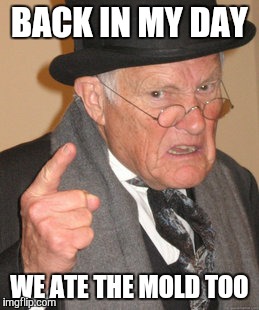 Back In My Day Meme | BACK IN MY DAY WE ATE THE MOLD TOO | image tagged in memes,back in my day | made w/ Imgflip meme maker