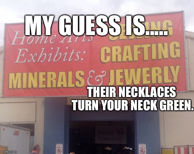 JeweLry, Arizona State Fair. JEWELRY. | MY GUESS IS..... THEIR NECKLACES TURN YOUR NECK GREEN. | image tagged in funny signs,lol,memes | made w/ Imgflip meme maker