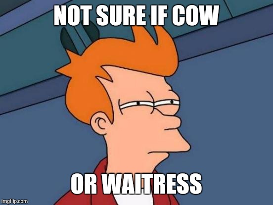 Futurama Fry Meme | NOT SURE IF COW OR WAITRESS | image tagged in memes,futurama fry | made w/ Imgflip meme maker