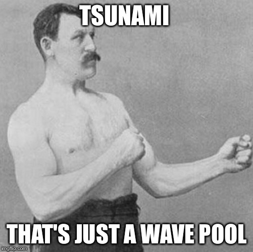 over manly man | TSUNAMI; THAT'S JUST A WAVE POOL | image tagged in over manly man | made w/ Imgflip meme maker