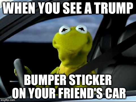 Kermit Car | WHEN YOU SEE A TRUMP; BUMPER STICKER ON YOUR FRIEND'S CAR | image tagged in kermit car | made w/ Imgflip meme maker