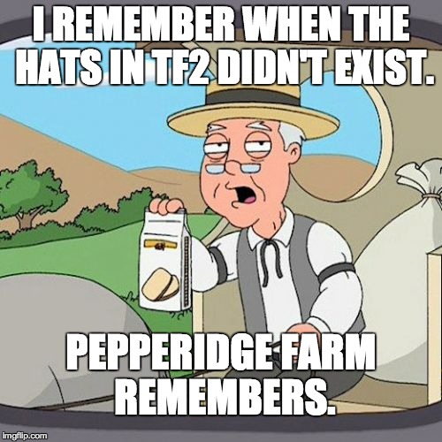 For all of the TF2 veterans out there... | I REMEMBER WHEN THE HATS IN TF2 DIDN'T EXIST. PEPPERIDGE FARM REMEMBERS. | image tagged in memes,pepperidge farm remembers,team fortress 2,hats | made w/ Imgflip meme maker