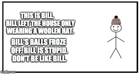 THIS IS BILL.     BILL LEFT THE HOUSE ONLY WEARING A WOOLEN HAT. BILL'S BALLS FROZE OFF. BILL IS STUPID. DON'T BE LIKE BILL. | image tagged in bill | made w/ Imgflip meme maker