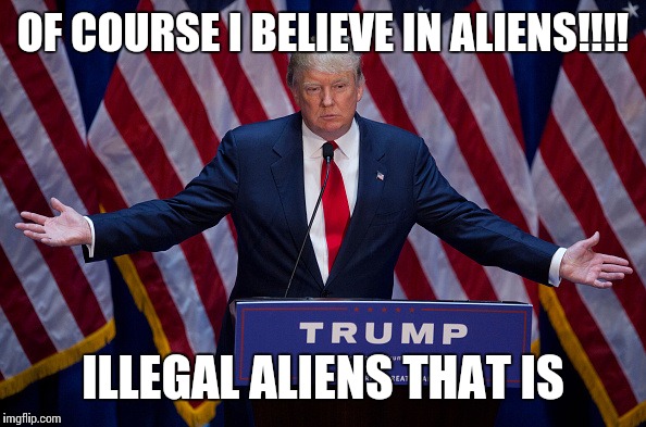Donald Trump | OF COURSE I BELIEVE IN ALIENS!!!! ILLEGAL ALIENS THAT IS | image tagged in donald trump | made w/ Imgflip meme maker