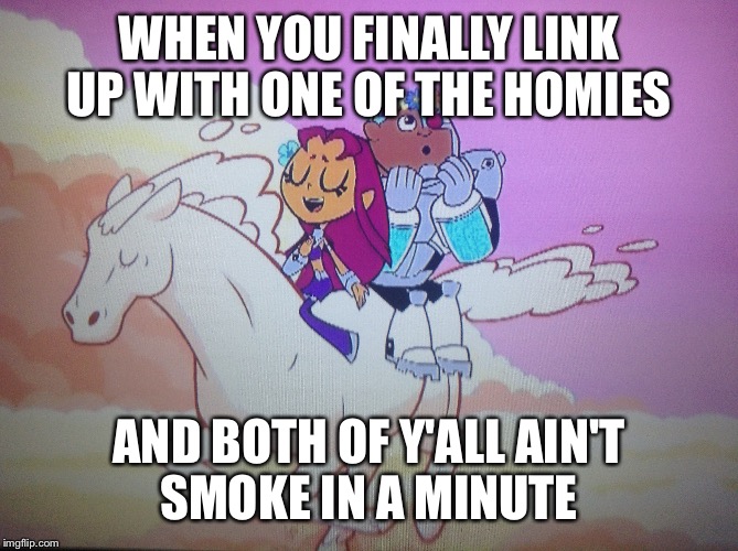 Linking up with da homies pt.1 | WHEN YOU FINALLY LINK UP WITH ONE OF THE HOMIES; AND BOTH OF Y'ALL AIN'T SMOKE IN A MINUTE | image tagged in teen titans | made w/ Imgflip meme maker