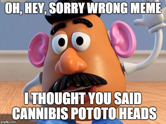 Mr Potato Head | OH, HEY, SORRY WRONG MEME I THOUGHT YOU SAID CANNIBIS POTOTO HEADS | image tagged in mr potato head | made w/ Imgflip meme maker