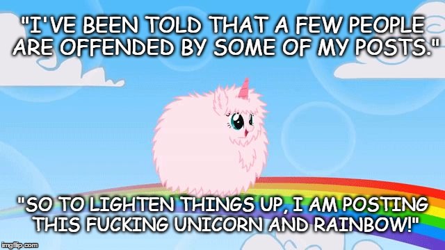 pink fluffy unicorns dancing on rainbows | "I'VE BEEN TOLD THAT A FEW PEOPLE ARE OFFENDED BY SOME OF MY POSTS."; "SO TO LIGHTEN THINGS UP, I AM POSTING THIS FUCKING UNICORN AND RAINBOW!" | image tagged in pink fluffy unicorns dancing on rainbows | made w/ Imgflip meme maker