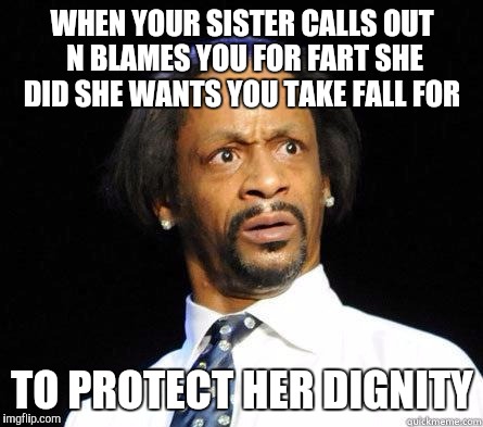 Katt Williams WTF Meme | WHEN YOUR SISTER CALLS OUT N BLAMES YOU FOR FART SHE DID SHE WANTS YOU TAKE FALL FOR; TO PROTECT HER DIGNITY | image tagged in katt williams wtf meme | made w/ Imgflip meme maker