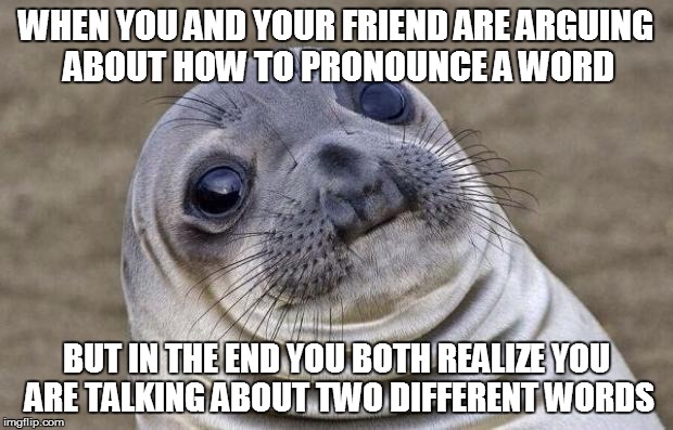 I Remember When That Happend To Me | WHEN YOU AND YOUR FRIEND ARE ARGUING ABOUT HOW TO PRONOUNCE A WORD; BUT IN THE END YOU BOTH REALIZE YOU ARE TALKING ABOUT TWO DIFFERENT WORDS | image tagged in memes,awkward moment sealion | made w/ Imgflip meme maker