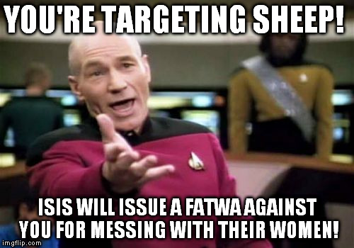 Picard Wtf Meme | YOU'RE TARGETING SHEEP! ISIS WILL ISSUE A FATWA AGAINST YOU FOR MESSING WITH THEIR WOMEN! | image tagged in memes,picard wtf | made w/ Imgflip meme maker