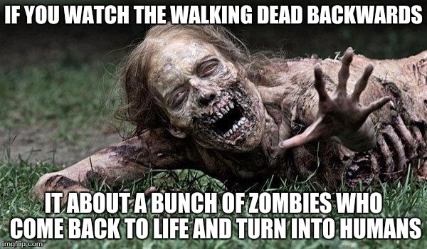 Walking Dead Zombie | IF YOU WATCH THE WALKING DEAD BACKWARDS; IT ABOUT A BUNCH OF ZOMBIES WHO COME BACK TO LIFE AND TURN INTO HUMANS | image tagged in walking dead zombie | made w/ Imgflip meme maker