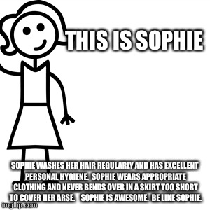 Be like jill  | THIS IS SOPHIE; SOPHIE WASHES HER HAIR REGULARLY AND HAS EXCELLENT PERSONAL HYGIENE.  SOPHIE WEARS APPROPRIATE CLOTHING AND NEVER BENDS OVER IN A SKIRT TOO SHORT TO COVER HER ARSE.  

SOPHIE IS AWESOME.  BE LIKE SOPHIE. | image tagged in be like jill | made w/ Imgflip meme maker