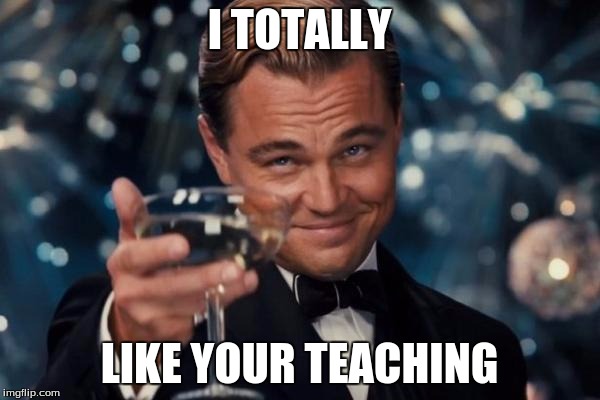 Leonardo Dicaprio Cheers Meme | I TOTALLY LIKE YOUR TEACHING | image tagged in memes,leonardo dicaprio cheers | made w/ Imgflip meme maker