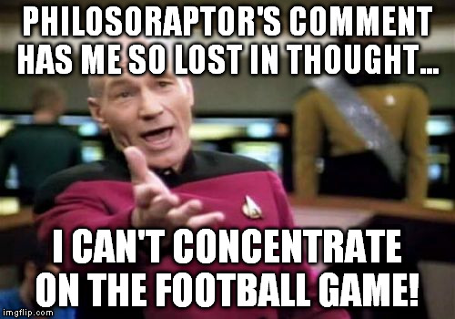 Picard Wtf Meme | PHILOSORAPTOR'S COMMENT HAS ME SO LOST IN THOUGHT... I CAN'T CONCENTRATE ON THE FOOTBALL GAME! | image tagged in memes,picard wtf | made w/ Imgflip meme maker