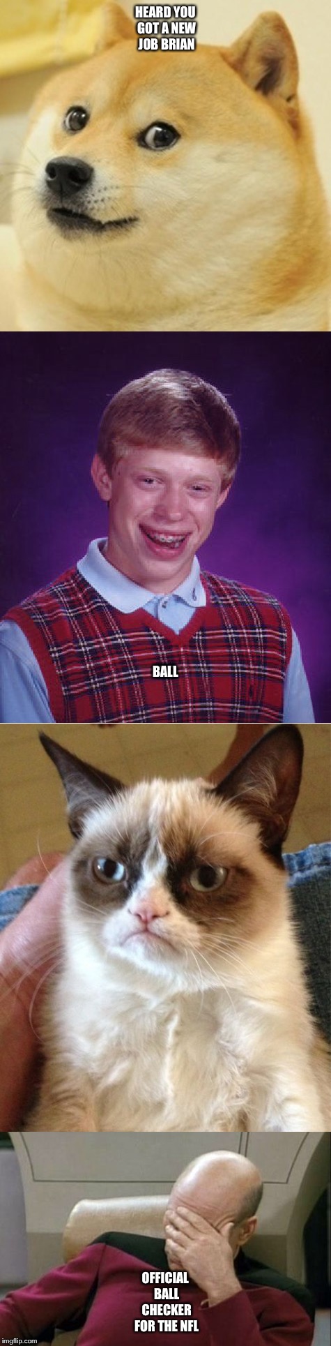 Brian gets job | HEARD YOU GOT A NEW JOB BRIAN; YES; BALL; OFFICIAL BALL CHECKER FOR THE NFL | image tagged in bad luck brian,funny memes,nfl memes,grumpy cat,captain picard facepalm | made w/ Imgflip meme maker