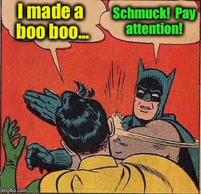 Batman Slapping Robin Meme | I made a boo boo... Schmuck!  Pay attention! | image tagged in memes,batman slapping robin | made w/ Imgflip meme maker