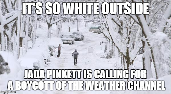 blizzard | IT'S SO WHITE OUTSIDE; JADA PINKETT IS CALLING FOR A BOYCOTT OF THE WEATHER CHANNEL | image tagged in blizzard | made w/ Imgflip meme maker
