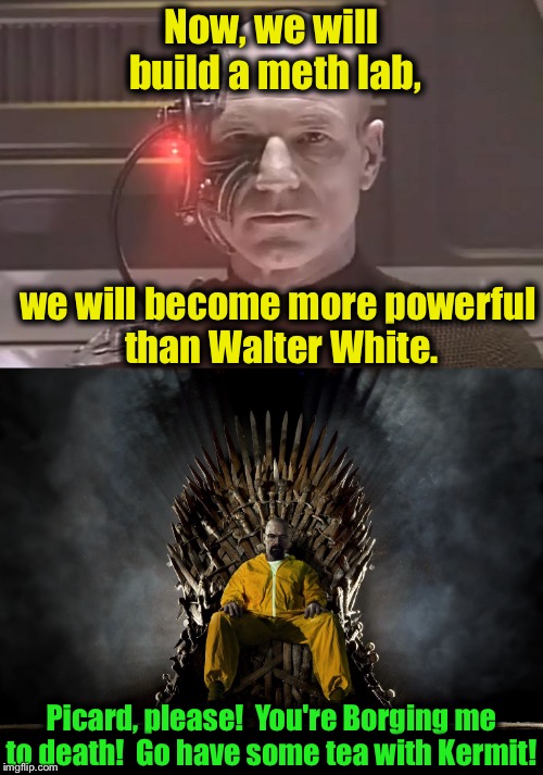 Have the Borg met their match?  Will Locutus of Borg, formerly Captain Picard have tea with Kermit?  To be continued......... | Now, we will build a meth lab, we will become more powerful than Walter White. Picard, please!  You're Borging me to death!  Go have some tea with Kermit! | image tagged in picard,memes,walter white,sean connery vs kermit | made w/ Imgflip meme maker